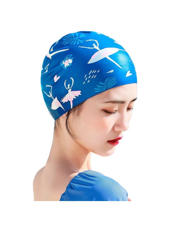 Skin-friendly قبعة سباحة سيليكون للنساء، للشعر الطويل، حماية الأذن، تصميم فتاة كرتونية راقصة لطيف، قبعة سباحة مقاومة للماء وغير ملتصقة، زرقاء - Image 1