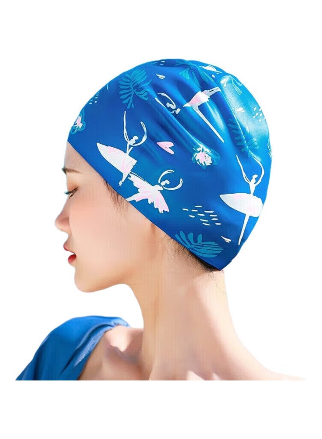 Skin-friendly قبعة سباحة سيليكون للنساء، للشعر الطويل، حماية الأذن، تصميم فتاة كرتونية راقصة لطيف، قبعة سباحة مقاومة للماء وغير ملتصقة، زرقاء - Image 2