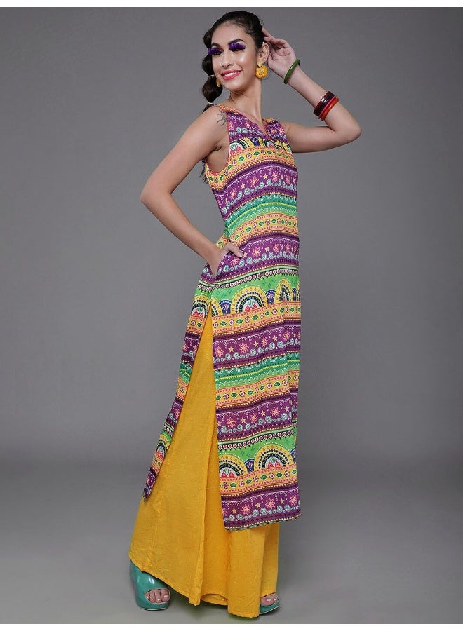 AKS Purple & Yellow Printed Straight Kurta - Image 3