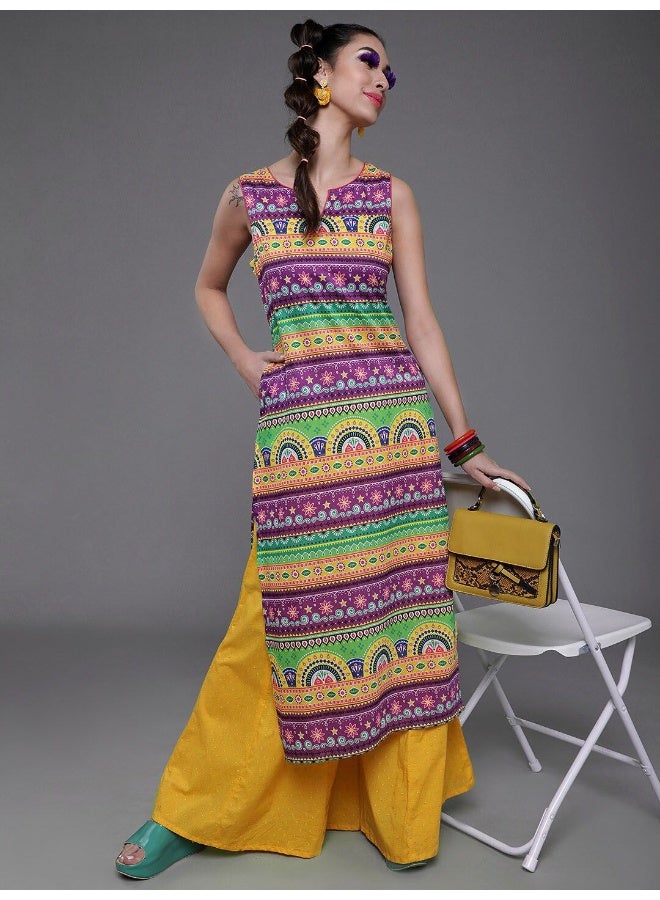 AKS Purple & Yellow Printed Straight Kurta - Image 4