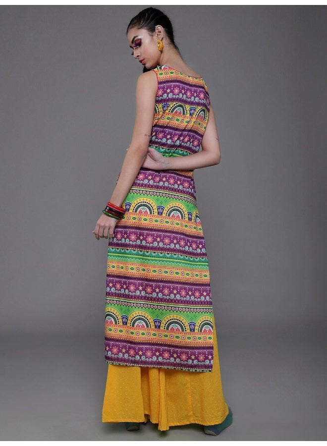 AKS Purple & Yellow Printed Straight Kurta - Image 5