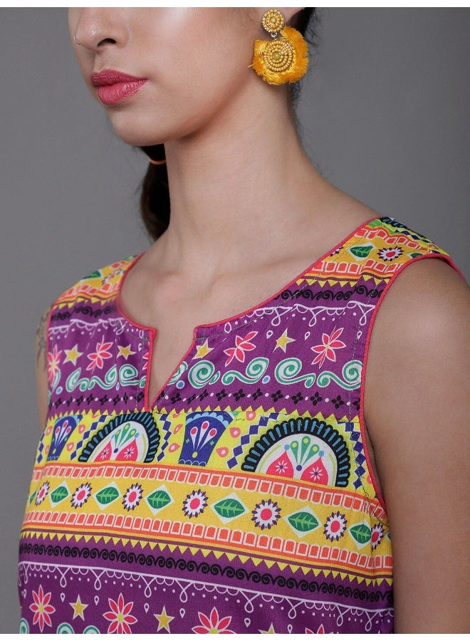AKS Purple & Yellow Printed Straight Kurta - Image 2
