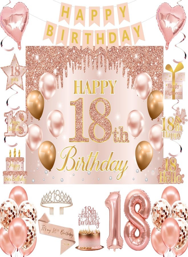 RTHPY 18th Birthday Decorations for Girls, It's My 18th Birthday Crown and Sash Pink Rose Gold 18th Cake Topper Banner Backdrop Balloons Hanging Swirls Happy 18 Years Old Party Supplies - Image 1
