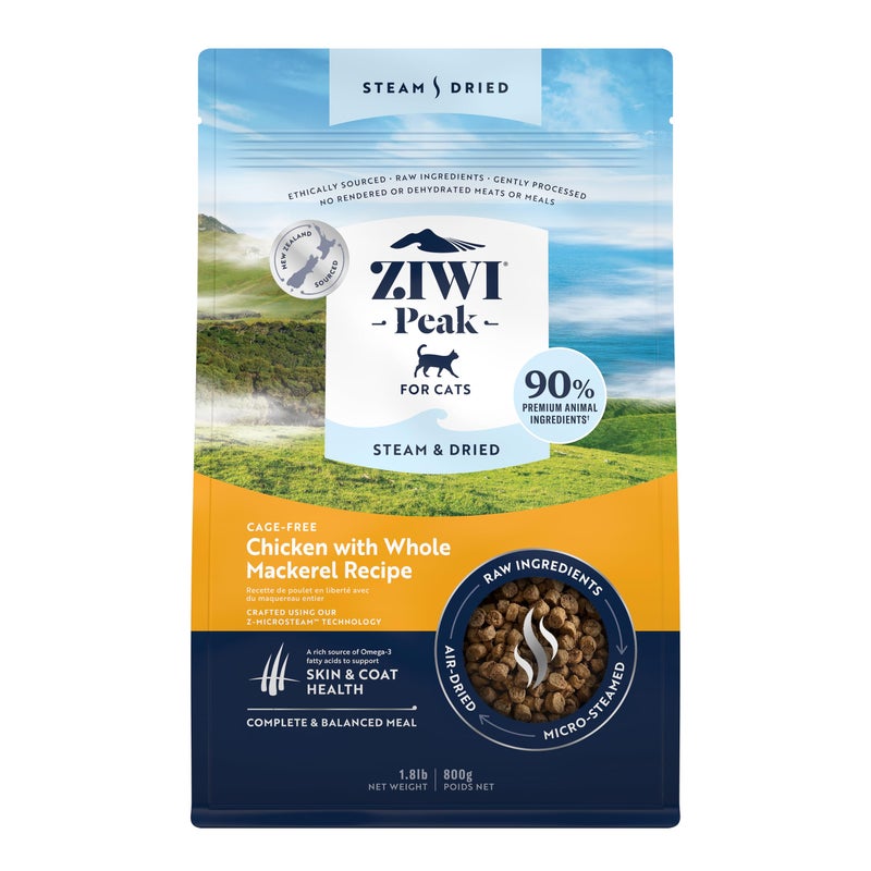 Ziwi طعام قطط زي وي بيك المطبوخ والمجفف - دجاج خالي من الأقفاص مع ماكريل كامل - بروتين عالي، صحة الجلد والفرو، منخفض الكربوهيدرات، لجميع مراحل الحياة (28.8 أونصة)  - Image 1
