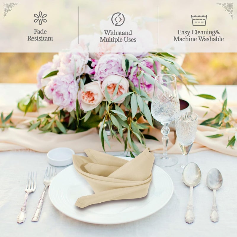 PLOYMONO Beige Heavy Duty Polyester Napkins - 17 x 17 Inch Solid Washable Cloth Dinner Napkins - Set of 8 Napkins with Hemmed Edges - Great for Weddings, Parties, Banquets Dinner & More - Image 2