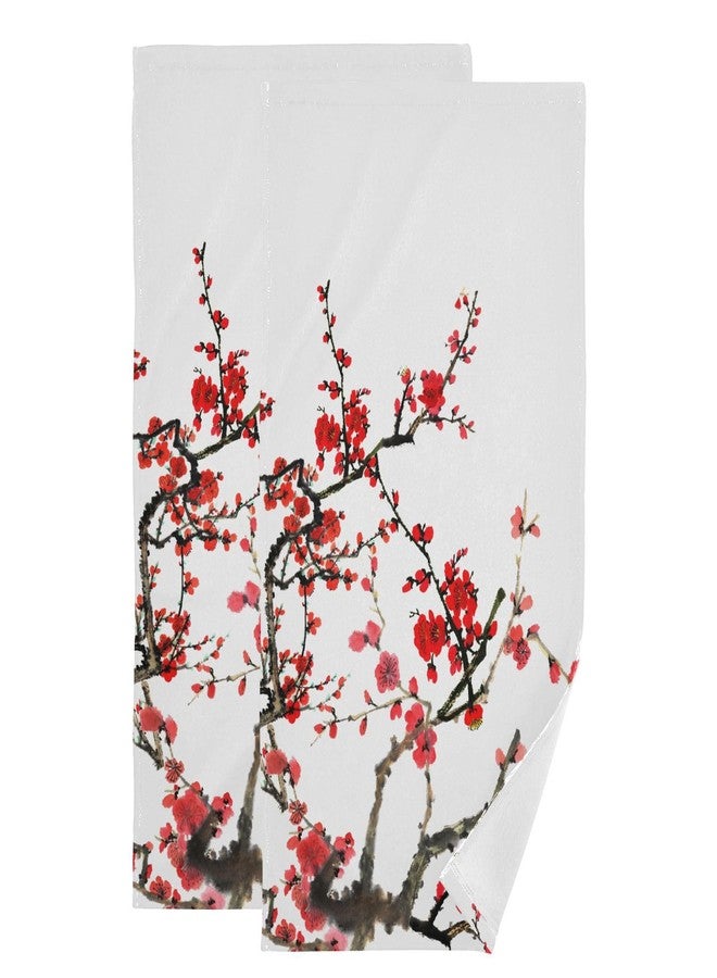 HATESAH 2 Pack Red Cherry Blossom Hand Towels,Microfiber Absorbent Asian Japanese Flower Watercolor Ink Bathroom Towels,Quick Drying Kitchen Towels,Hand Towels for Bathroom,Shower,Guest,Face 14"x28" - Image 1