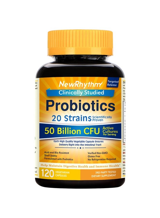 NewRhythm Probiotics 50 Billion CFU 20 Strains, 120 Veggie Capsules, Targeted Release Technology, Stomach Acid Resistant, No Need for Refrigeration, Pack of 1, Non-GMO, Gluten Free - Image 1