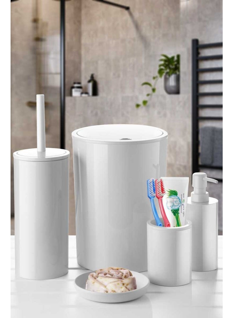 بريمانوفا طقم إكسسوارات حمام ٥ قطع بلاستيك مع سلة نفايات سعة ٦ لتر وفرشاة مرحاض وموزع صابون وحامل فرشاة وصحن صابون بتصميم سهل التنظيف ولمسة لامعة (أبيض) - Image 2