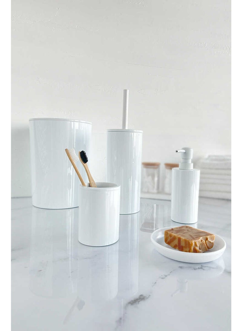 بريمانوفا طقم إكسسوارات حمام ٥ قطع بلاستيك مع سلة نفايات سعة ٦ لتر وفرشاة مرحاض وموزع صابون وحامل فرشاة وصحن صابون بتصميم سهل التنظيف ولمسة لامعة (أبيض) - Image 3