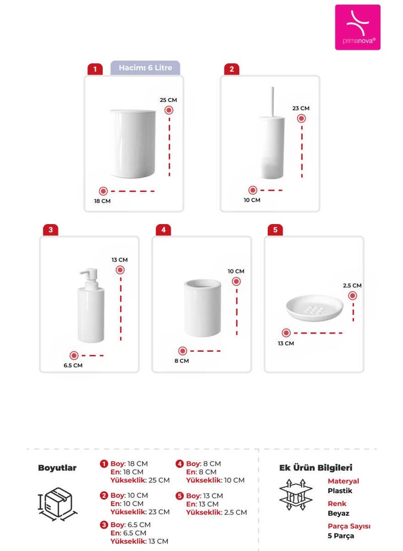 بريمانوفا طقم إكسسوارات حمام ٥ قطع بلاستيك مع سلة نفايات سعة ٦ لتر وفرشاة مرحاض وموزع صابون وحامل فرشاة وصحن صابون بتصميم سهل التنظيف ولمسة لامعة (أبيض) - Image 4