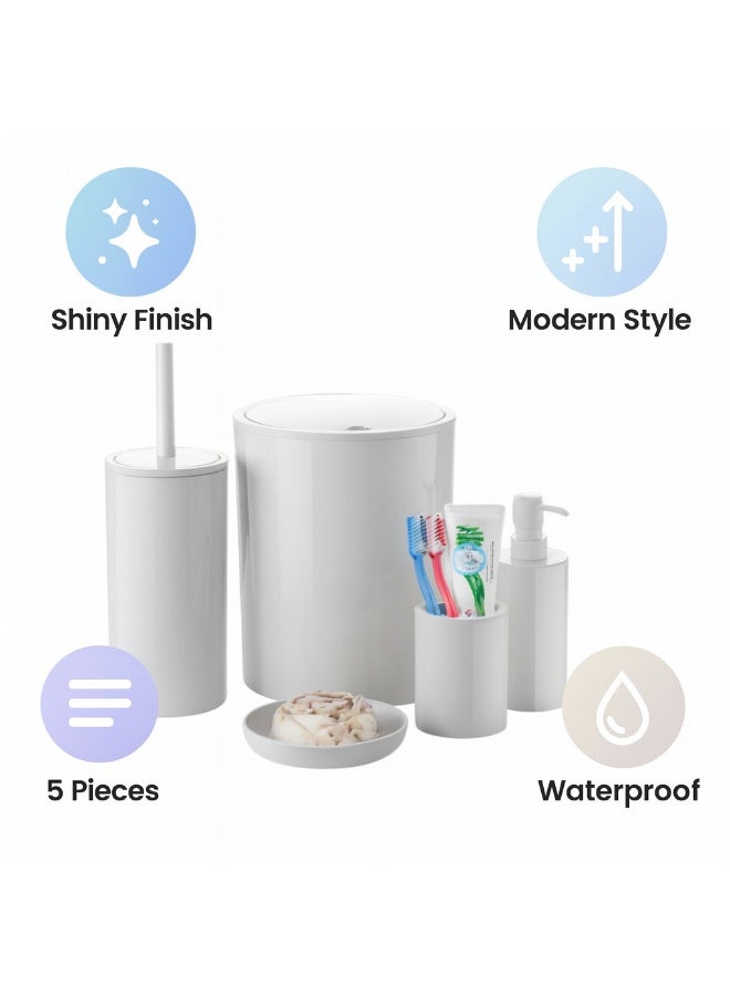 بريمانوفا طقم إكسسوارات حمام ٥ قطع بلاستيك مع سلة نفايات سعة ٦ لتر وفرشاة مرحاض وموزع صابون وحامل فرشاة وصحن صابون بتصميم سهل التنظيف ولمسة لامعة (أبيض) - Image 5