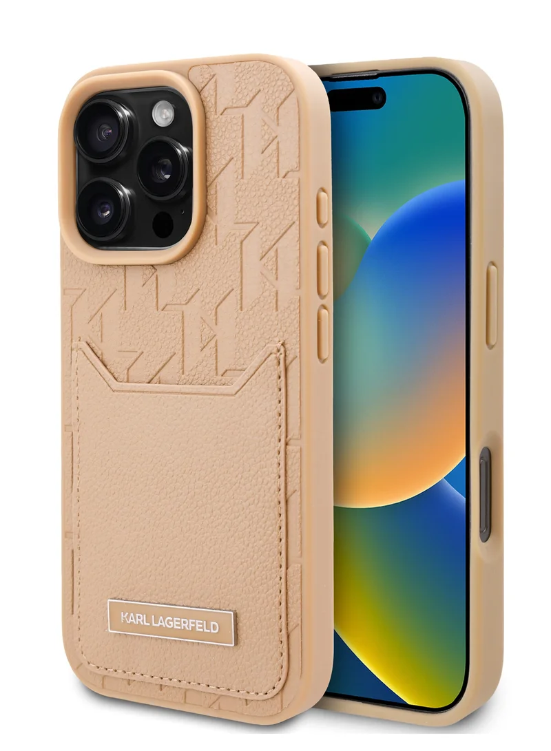 كارل لاغرفيلد جراب iPhone 16 Pro Max من مادة البولي يوريثان الصلبة مع فتحة بطاقة وتصميم شعار أحادي اللون / حماية من السقوط / امتصاص الصدمات / فتحات دقيقة / سهل التركيب - بني