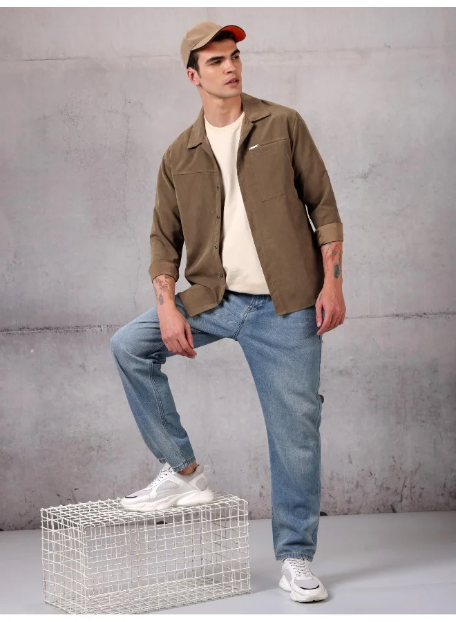 بيونغ Brown Solid Suede Urban Shirt for Men