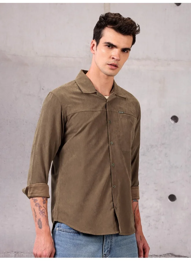 بيونغ Brown Solid Suede Urban Shirt for Men