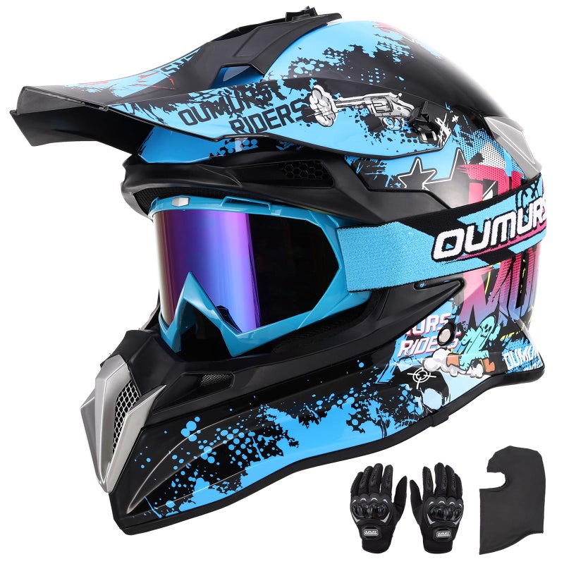 OUMURS DOT Adult Dirt Bike Helmet with Goggles Gloves  Mask Adjustable Sun Visor Motorcycle Adult ATV Helmet OffRoad Motocross Downhill Moped MX BMX for Unisex Adult188Blue Cowboy L