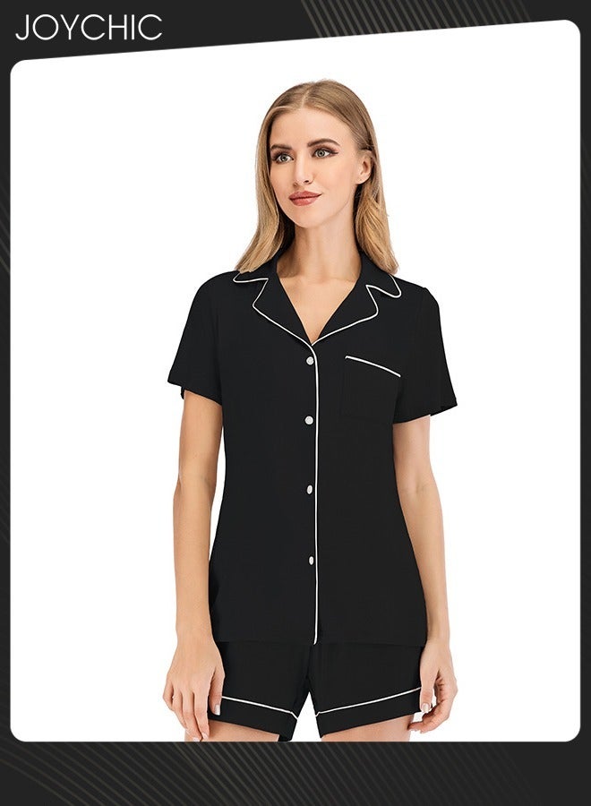 Joychic 2-piece Classic Spring and Summer Pajamas Modal Smooth and Comfoty Loose Women Nightgown Casual Shirt Collar Short-sleeved Home Clothes Black - Image 1
