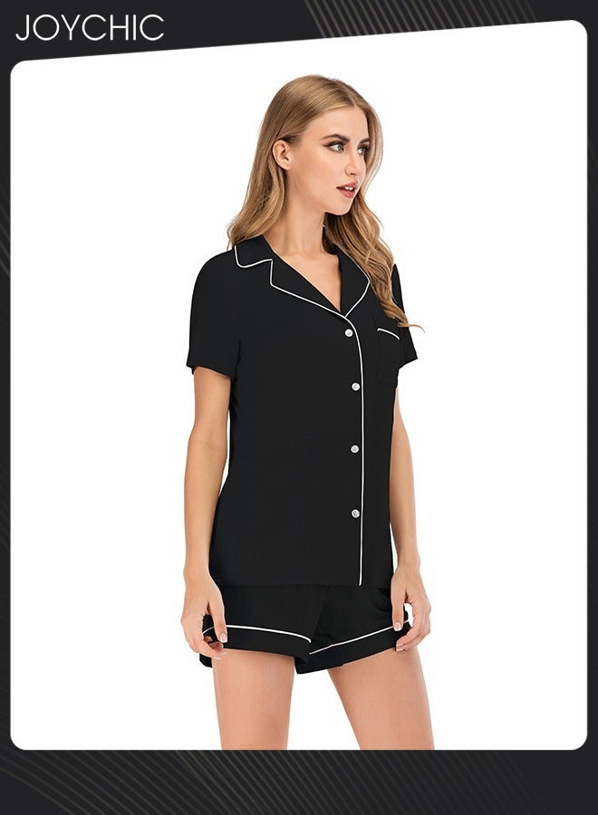Joychic 2-piece Classic Spring and Summer Pajamas Modal Smooth and Comfoty Loose Women Nightgown Casual Shirt Collar Short-sleeved Home Clothes Black - Image 3
