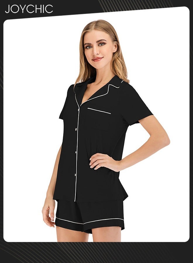 Joychic 2-piece Classic Spring and Summer Pajamas Modal Smooth and Comfoty Loose Women Nightgown Casual Shirt Collar Short-sleeved Home Clothes Black - Image 2
