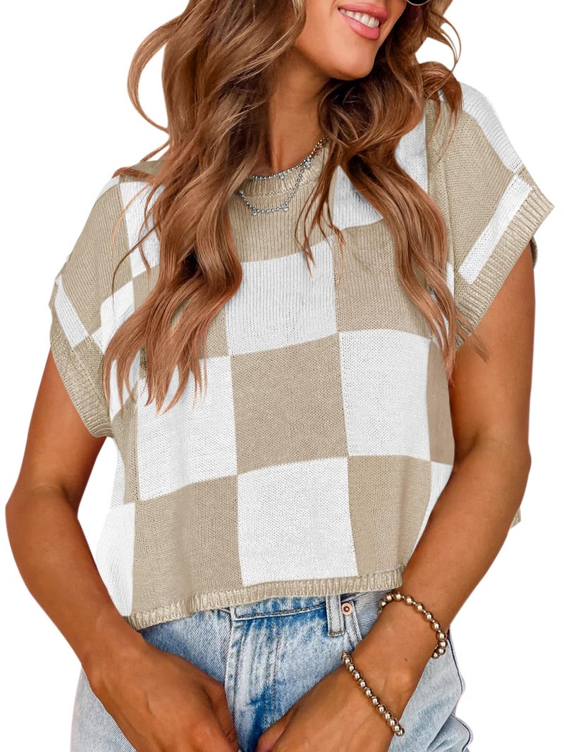 Saodimallsu Womens Cap Sleeve Crop Tops Summer Color Block Going Out Crew Neck Knit Trendy Casual Sweater - Image 5
