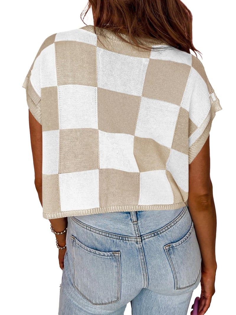 Saodimallsu Womens Cap Sleeve Crop Tops Summer Color Block Going Out Crew Neck Knit Trendy Casual Sweater - Image 4
