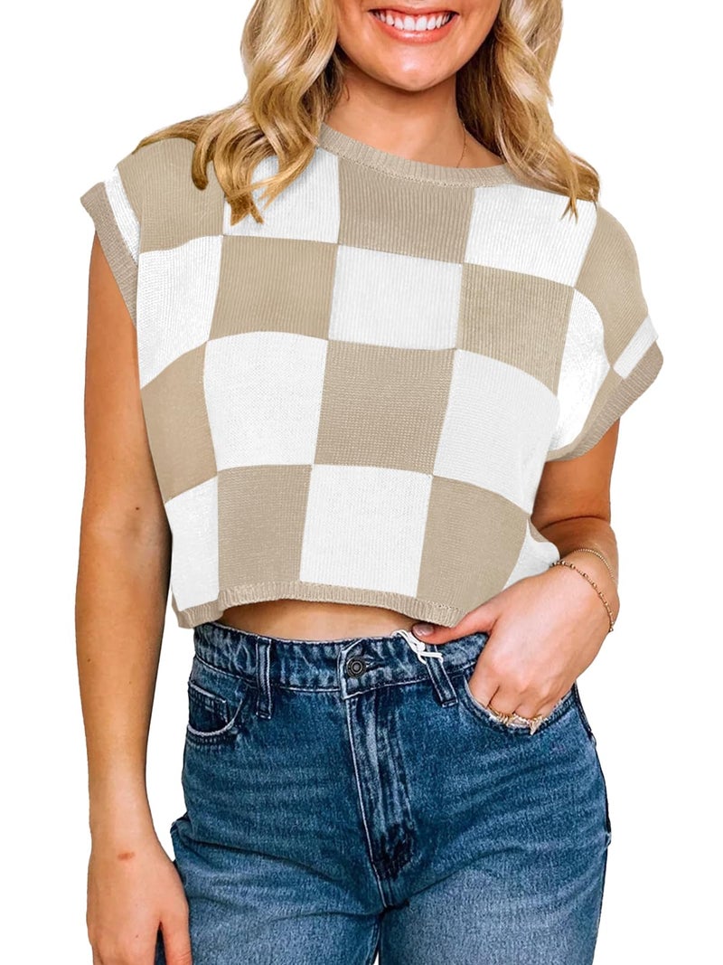 Saodimallsu Womens Cap Sleeve Crop Tops Summer Color Block Going Out Crew Neck Knit Trendy Casual Sweater - Image 2