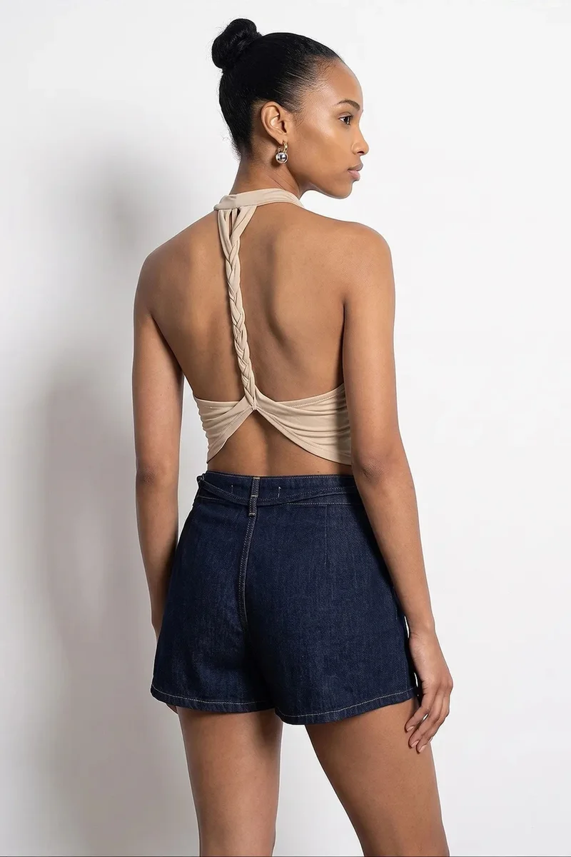 Dilvin Beige Natural DILVIN Sleeveless Backless Cowl Neck Blouse for Women | Best Price UAE