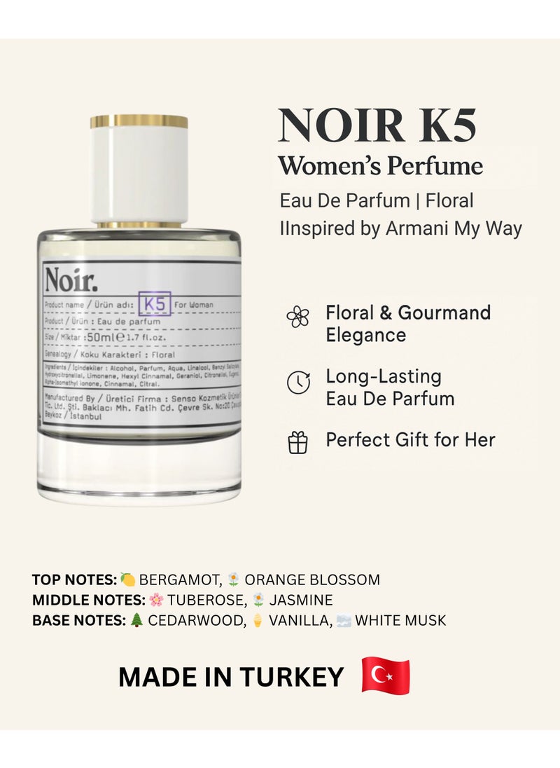 noir NOIR K5 Women’s Perfume | Long Lasting Floral Eau de Parfum for Women with Bergamot, Orange Blossom & Vanilla | Elegant Daily & Evening Scent | 50ML | Made in Turkey  - Image 2