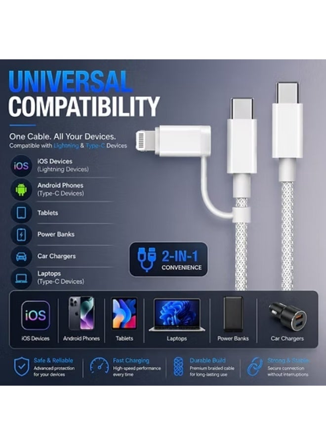 كابل شحن سريع 60 واط | USB-C إلى Type-C + Lightning | مضفر | منفذ مزدوج | توافق عالمي - Image 2