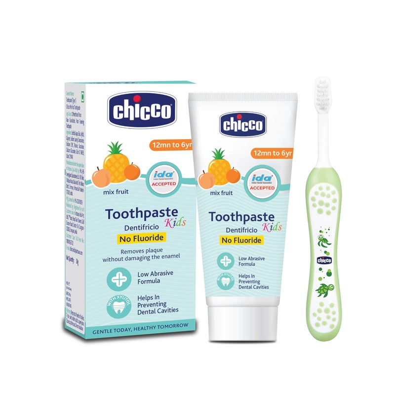 Chicco Toothpaste Mixfruit + Brush Green 6-36M, Cavity Protection - Image 1