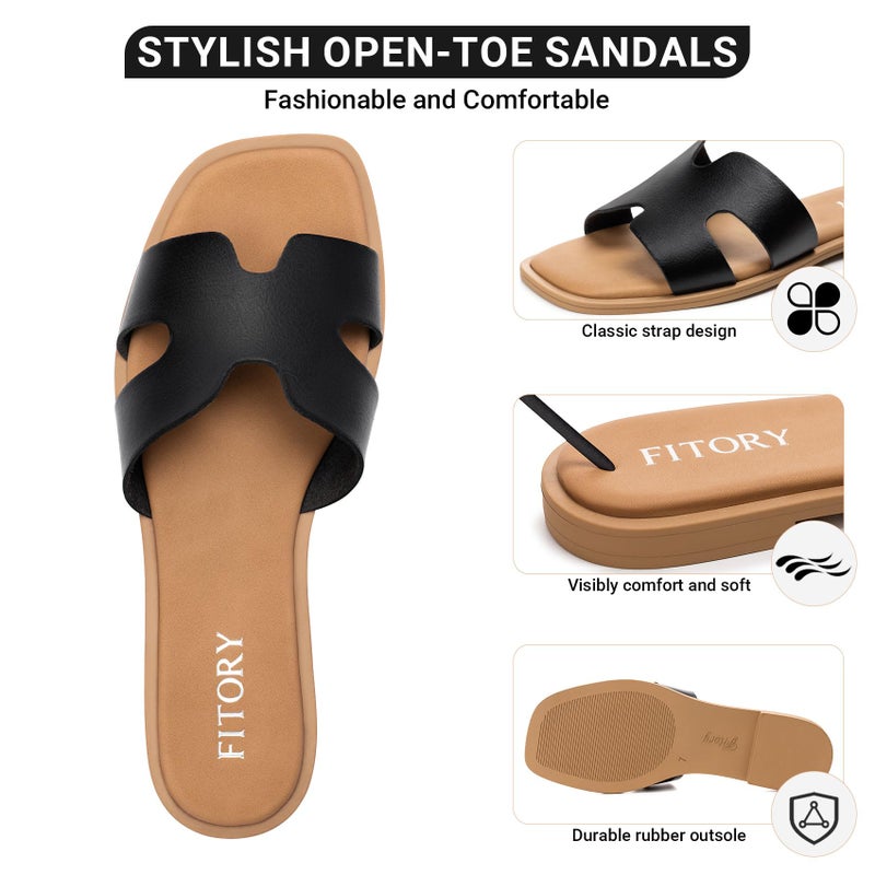 FITORY Women's Slide Sandals, Flat Fashion Square Open Toe with Cushion Slippers for Summer Beach Size 8 Black - Image 4