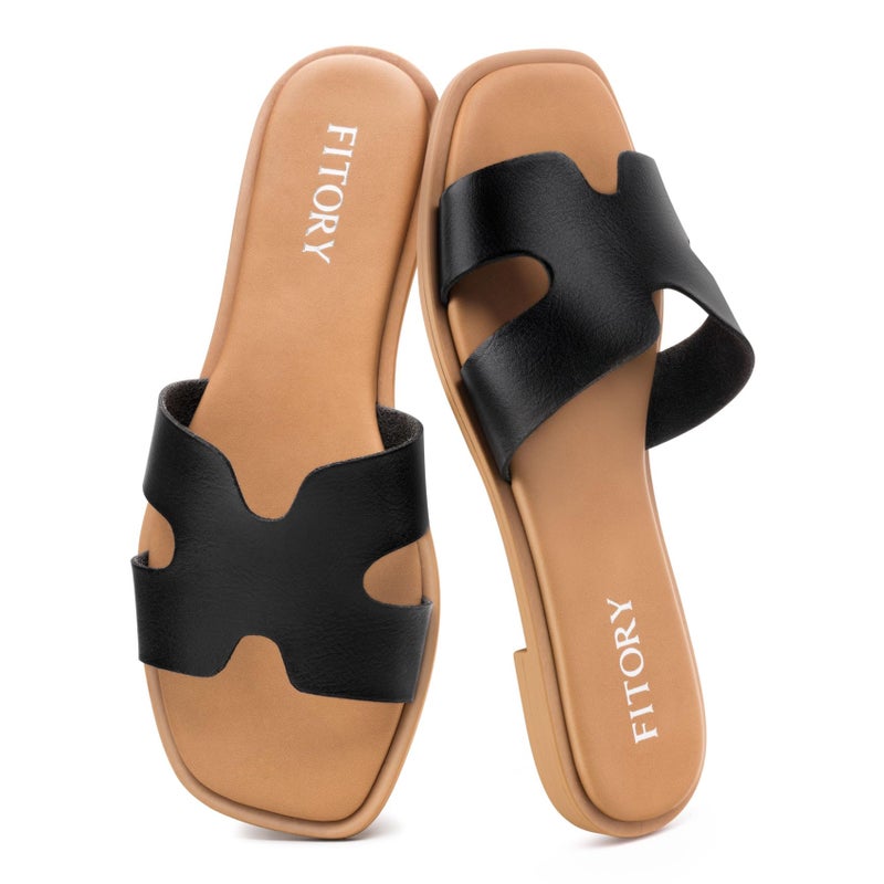 FITORY Women's Slide Sandals, Flat Fashion Square Open Toe with Cushion Slippers for Summer Beach Size 8 Black - Image 1