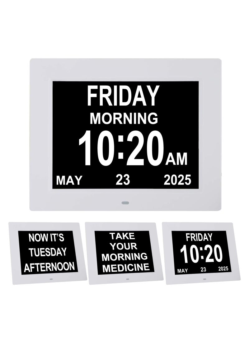 TMC TMC 8 Inch Dementia Clock for Seniors Large Display Calendar with Date Large Digital Calendar Day  Week 3 Medication Reminders 5 Alarms SD Card Video Wall Mountable Detachable StandWhite SD 