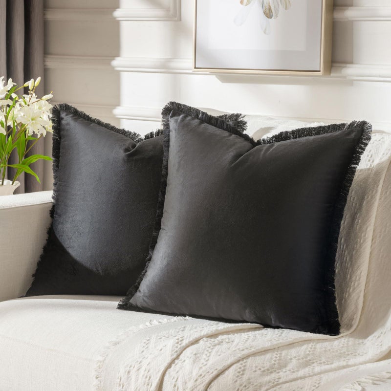 FUTEI Black Boho Throw Pillow Covers with Tassels 26x26 Inch Set of 2 Soft Velvet Decorative Euro Pillow Shams Home Decor for Couch Bed Living Room - Image 1