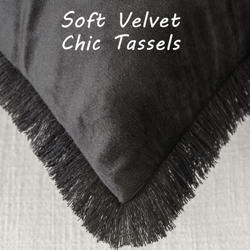 FUTEI Black Boho Throw Pillow Covers with Tassels 26x26 Inch Set of 2 Soft Velvet Decorative Euro Pillow Shams Home Decor for Couch Bed Living Room - Image 2