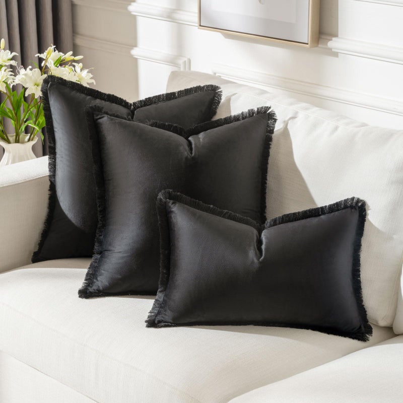 FUTEI Black Boho Throw Pillow Covers with Tassels 26x26 Inch Set of 2 Soft Velvet Decorative Euro Pillow Shams Home Decor for Couch Bed Living Room - Image 5