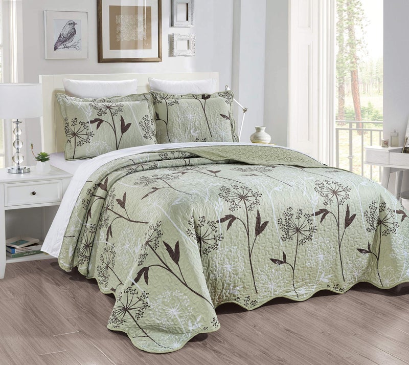 Masterplay,3-Piece Fine Printed Oversize (118inch X 95inch) California Cal King Size Quilt Set , Bedspread Coverlet Bed Cover (Sage Green, Brown, White, Vine) - Image 2