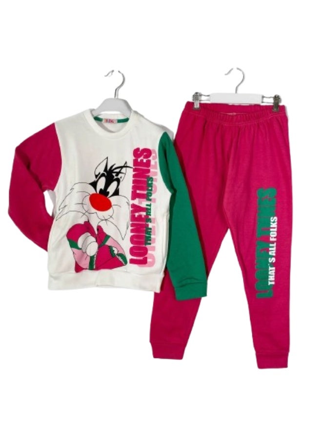 Pajama Set with Looney Tunes Print for 10-Year-Old Kids Warm Fleece-Lined Cotton Sleepwear with Soft Inner Layer for Cozy Comfort - Image 1