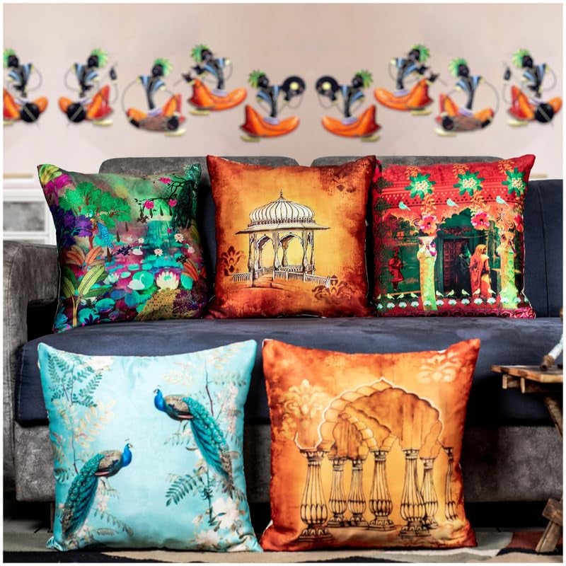 Vendola Decorative Satin Sofa Cushion Covers Set of 5, 20 Inch x 20 inch, Sofa Pillow Cover, Ethnic Festive, Multicolor, Temple, Peacock, Rajasthani Design Zipper Closure (Vivid, 20X20 Inches) - Image 1