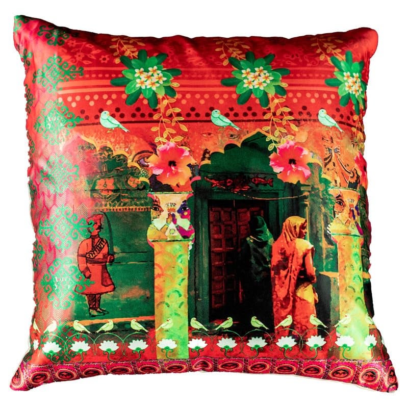 Vendola Decorative Satin Sofa Cushion Covers Set of 5, 20 Inch x 20 inch, Sofa Pillow Cover, Ethnic Festive, Multicolor, Temple, Peacock, Rajasthani Design Zipper Closure (Vivid, 20X20 Inches) - Image 3
