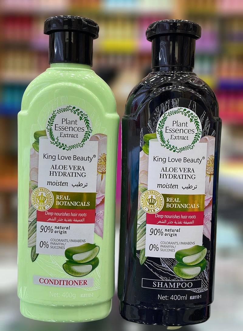 King Love Beauty Aloe Vera Hydrating Moisten Shampoo & Conditioner 400ml Set - Deep Nourishment for Hair Roots, 90% Natural Origins