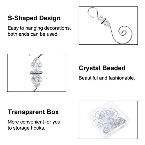 INCREWAY Ornament Hooks, 30 PCS Silver S-Shaped Hangers Hook Swirl Christmas Tree Hanger Metal Hooks with Crystal Beaded - Image 3