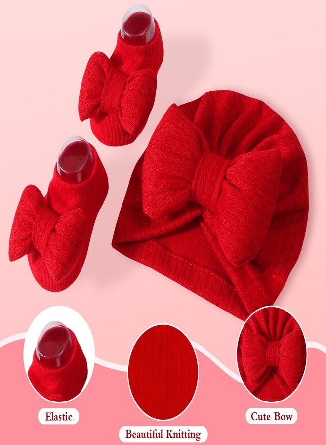 Kunyeah Newborn Baby Girls Hat Knitted Socks Set Infant Beanie Cap Baby Hospital Hats Toddler Soft Warm Cap for 0-12 Months (US, Alpha, One Size, Red) - Image 3