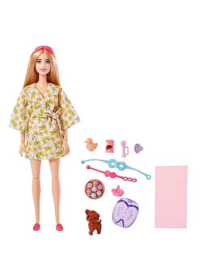 Barbie Selfcare Doll Blonde Posable Spa Day Doll In Lemon Bathrobe With Puppy & Accessories Like Headband & Eyemask  - Image 1