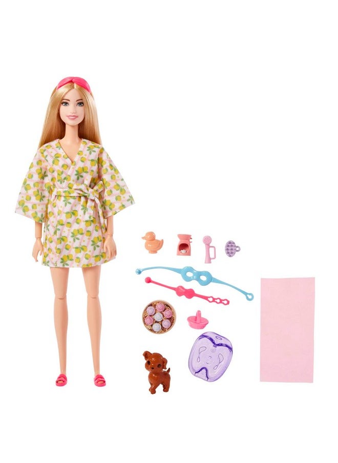 Barbie Selfcare Doll Blonde Posable Spa Day Doll In Lemon Bathrobe With Puppy & Accessories Like Headband & Eyemask  - Image 2
