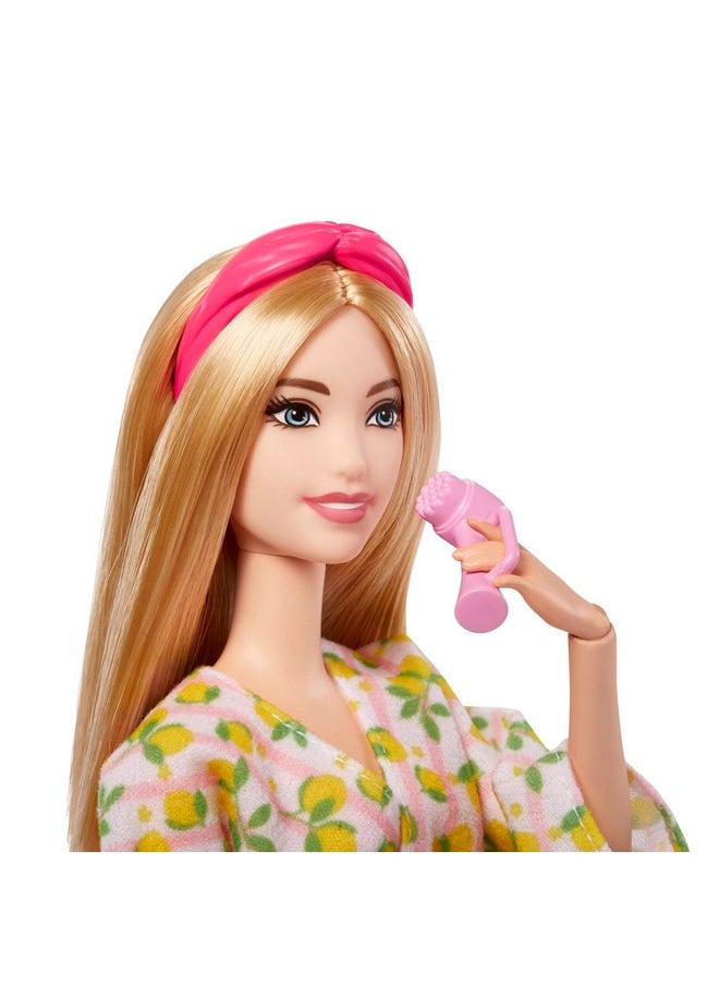 Barbie Selfcare Doll Blonde Posable Spa Day Doll In Lemon Bathrobe With Puppy & Accessories Like Headband & Eyemask  - Image 3