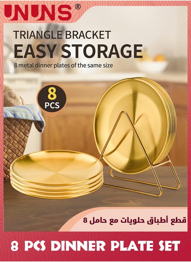 UNUNS - 8-Piece Dessert Plates With Rack,7.2-Inch Appetizer Plate Set,Gold Stainless Steel Round Plates Suitable For Food Serving,Cakes Desserts,Salads,Dips,snacks,Side dishes - Image 1