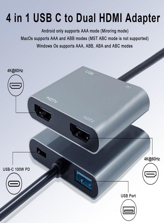 محول USB-C إلى منفذي HDMI، موزع HDMI بدقة 4K بمعدل 60 هرتز لشاشتين مع منفذ USB 3.0، شحن سريع بقوة 100 واط، موزع HDMI لتوسيع الشاشة لأجهزة MacBook Air/Pro وDell XPS وHP وSurface وChromebook - Image 4