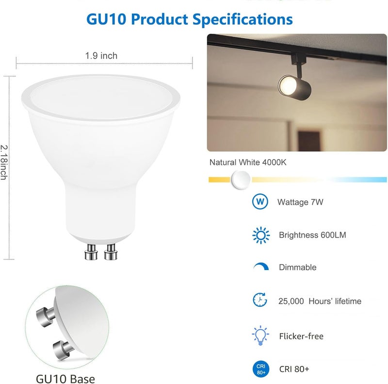 لمبة LED GU10 قابلة للتعتيم، عبوة من 10 قطع، 4000K أبيض طبيعي، مكافئ هالوجين 70 واط، موفرة للطاقة 7 واط، زاوية شعاع 120°، أضواء كاشفة، لمبات LED للإضاءة المخفية على المسار، 600 لومن، CIR≥80 - Image 2