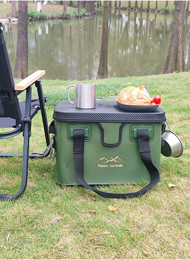 happy outside - 28L Family Picnic Storage Box - Convertible Portable Table & Waterproof Organizer, Hard Top Design with EVA Material, Antibacterial & Scratch Resistant - Foldable for BBQ Utensils, Kids Toys, Camping Chairs, Home Essentials (Army Green) - Image 1