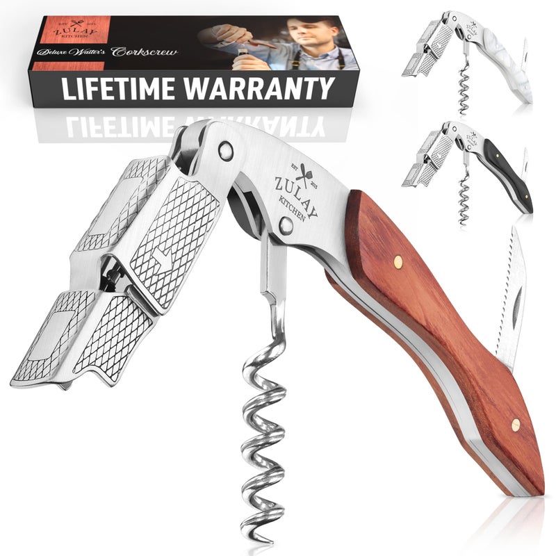 Zulay Kitchen Corkscrew Wine Opener  Premium 420 Stainless Steel  Rosewood Wine Bottle Opener  Double Hinged Opener with Foil Cutter  Cap Remover  Rosewood